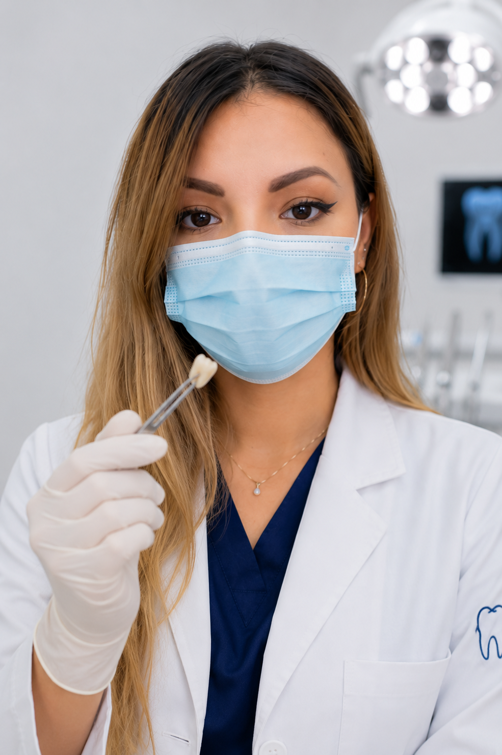 Dra. Bibiana Jurado sosteniendo una guía de color dental en su consultorio de Salamanca