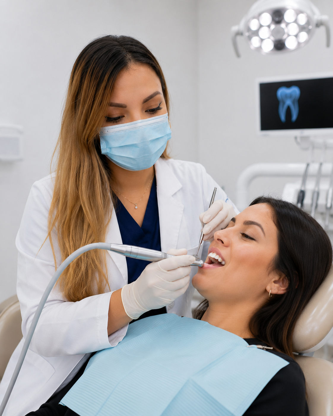 Dentista realizando limpieza dental profesional a una paciente en Salamanca, Guanajuato